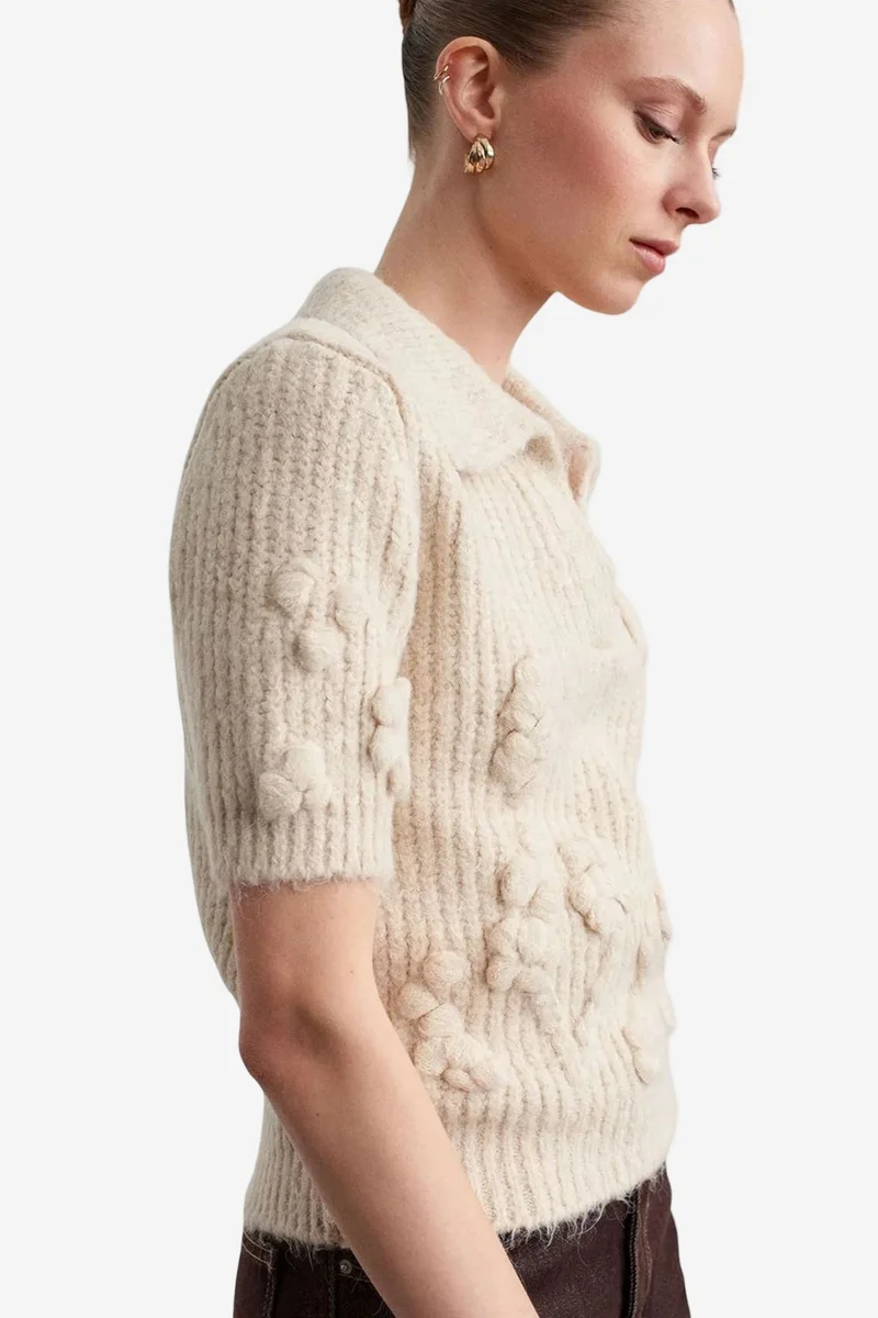 Dilvin Cream Natural DILVIN Textured Ribbed Polo-collar Sweater for Women | Best Price UAE