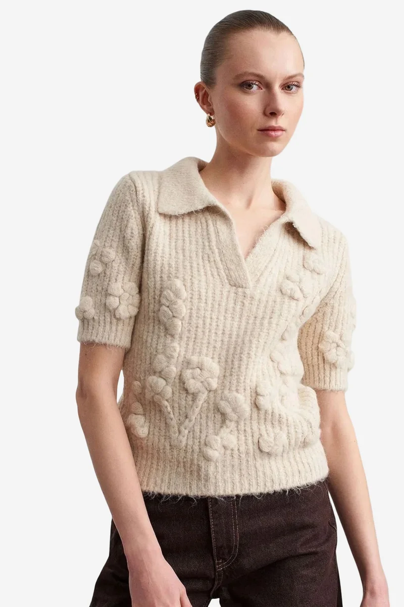 Dilvin Cream Natural DILVIN Textured Ribbed Polo-collar Sweater for Women | Best Price UAE
