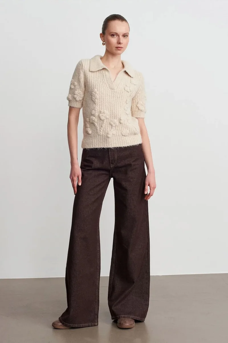 Dilvin Cream Natural DILVIN Textured Ribbed Polo-collar Sweater for Women | Best Price UAE