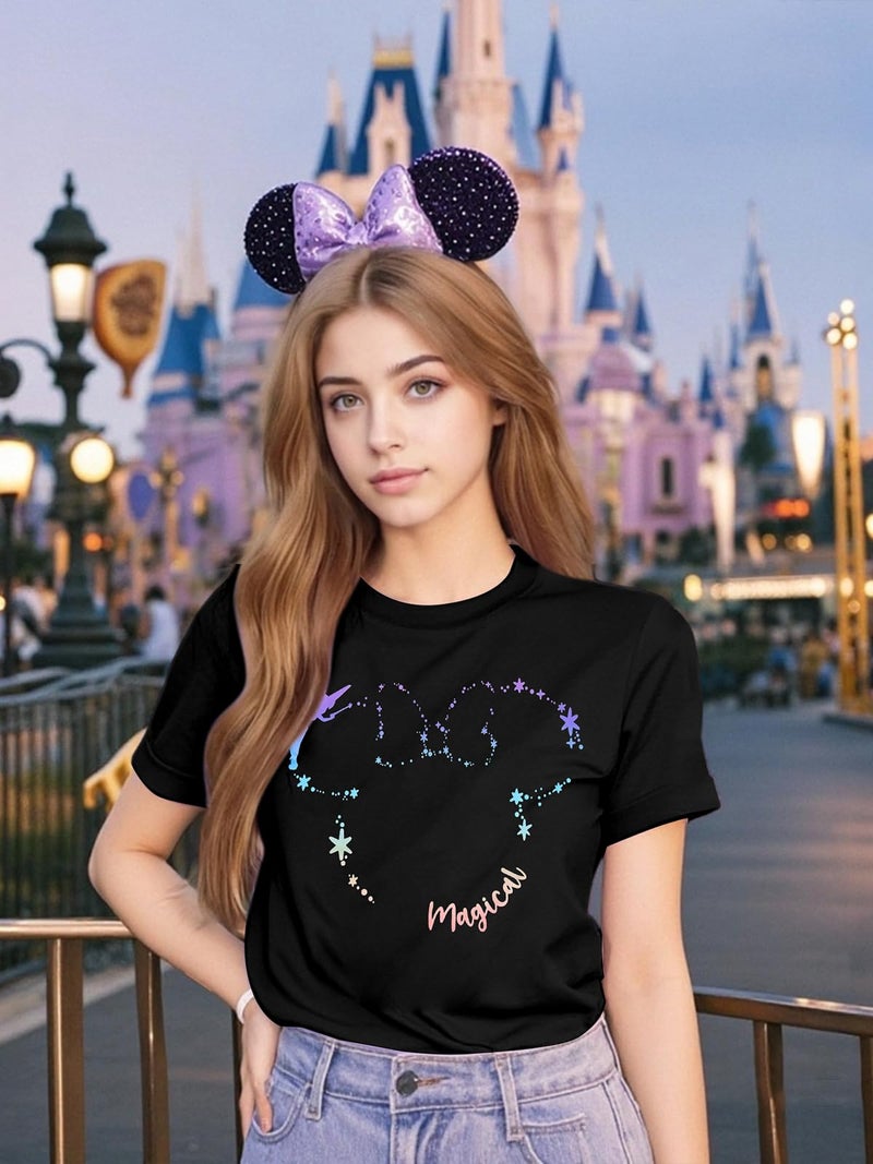 VILOVE Magical Shirt for Women Believe in Magic Shirts Cute Graphic Printed Tee Family Vacation Short Sleeve Tee Black D - Image 4