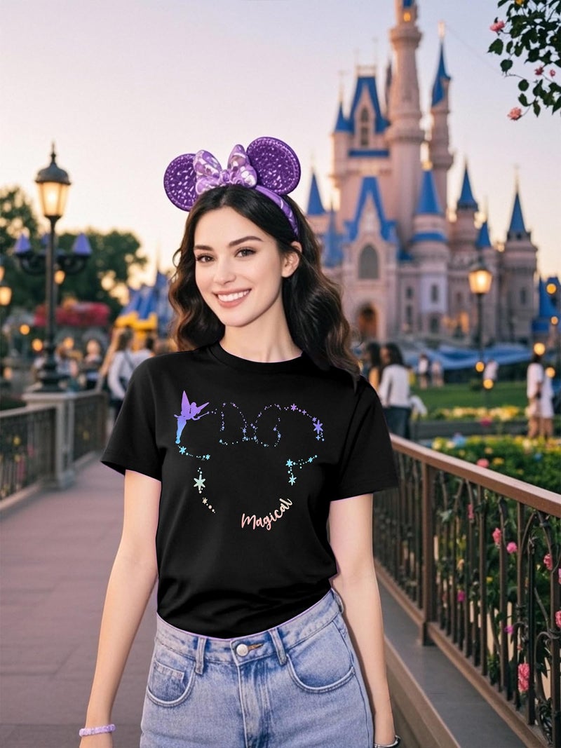 VILOVE Magical Shirt for Women Believe in Magic Shirts Cute Graphic Printed Tee Family Vacation Short Sleeve Tee Black D - Image 2