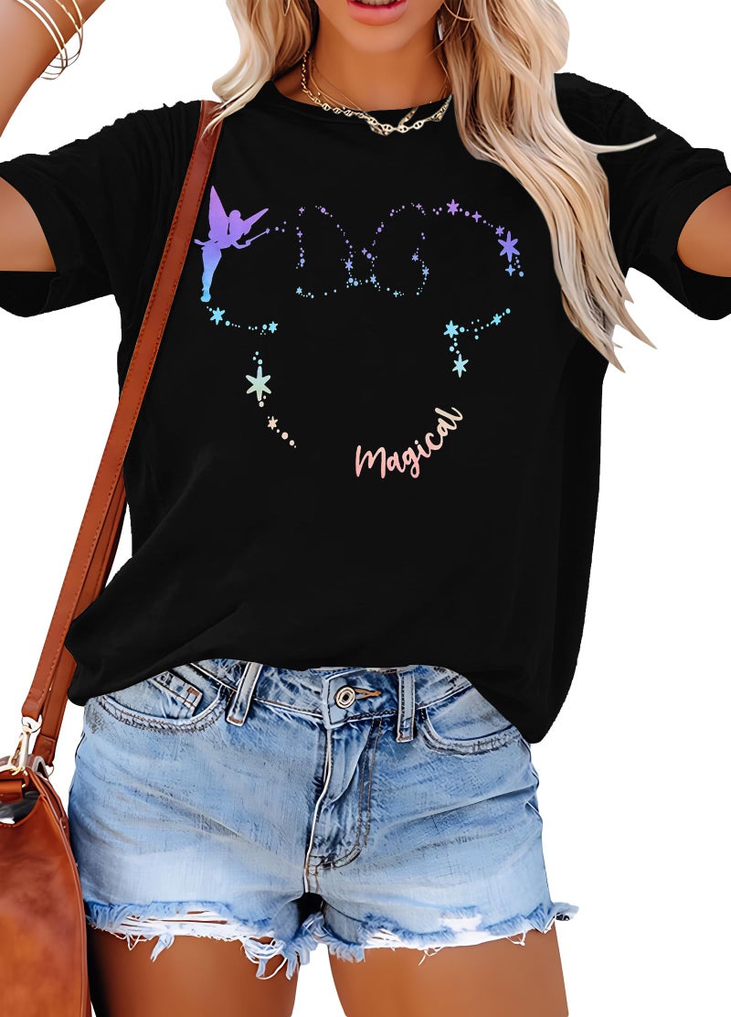 VILOVE Magical Shirt for Women Believe in Magic Shirts Cute Graphic Printed Tee Family Vacation Short Sleeve Tee Black D - Image 1