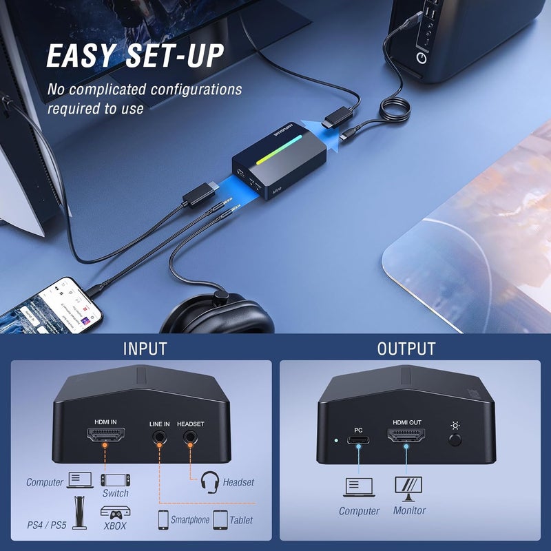 بطاقة التقاط الفيديو FIFINE AmpliGame، بدقة HD 1080 بمعدل 60 إطارًا في الثانية للصوت والفيديو والألعاب والبث المباشر، بطاقة التقاط 4K HDMI إلى USB متوافقة مع PS4/Windows/Mac OS/Switch/Xbox-V3 - Image 4