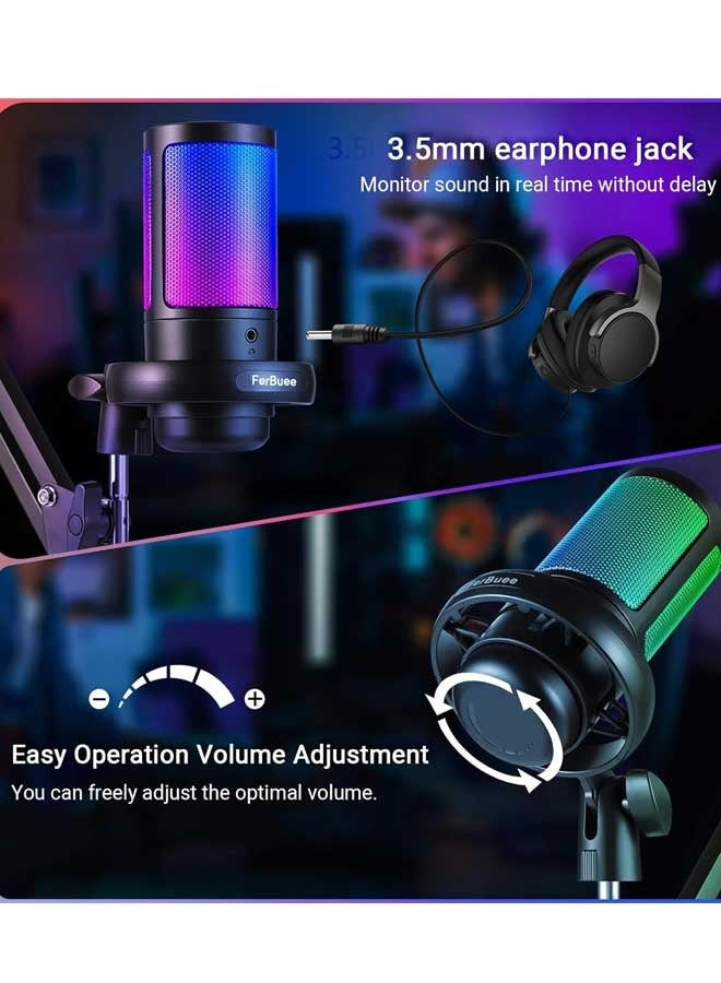 USB PC Gaming Microphone with RGB Light. Condenser Microphone with Mute on, Volume Control, 3.5mm Headphone Jack. Compatible with Window (Black-with Boom Arm) - Image 4