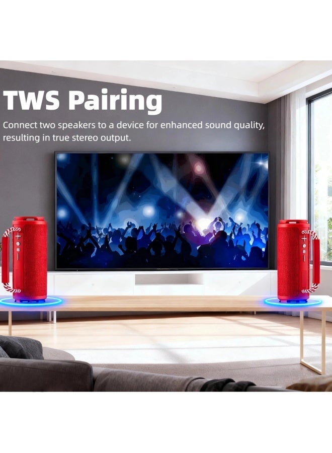 Portable Wireless Bluetooth Speaker with HD Sound, Bluetooth 5.4, 15W Dual Speaker, 16H Playtime, IPX7 Waterproof and Drop-Proof, TWS Pairing, for Outdoor/Home/Party/Beach (Round) - Red - Image 5