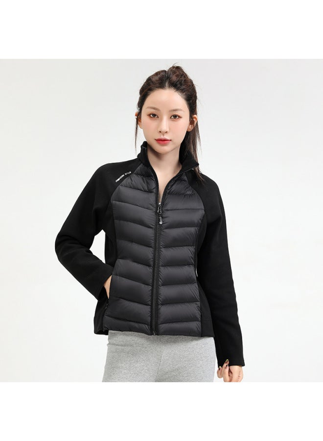 Winter Knitted Fabric Down Jacket Coat with Ribbed Sleeves Lightweight Sports Outerwear