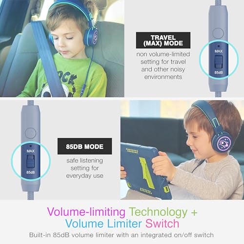 MEE audio KidJamz KJ55 Safe Listening USB-C Headphones for Children with Multicolor LED Lights, Volume Limiter, & Microphone; On-Ear Wired Kids Headset for iPhone 16, iPad, & USB Type C Devices (Blue) - Image 2