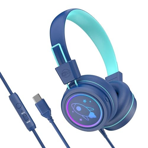 MEE audio KidJamz KJ55 Safe Listening USB-C Headphones for Children with Multicolor LED Lights, Volume Limiter, & Microphone; On-Ear Wired Kids Headset for iPhone 16, iPad, & USB Type C Devices (Blue) - Image 1