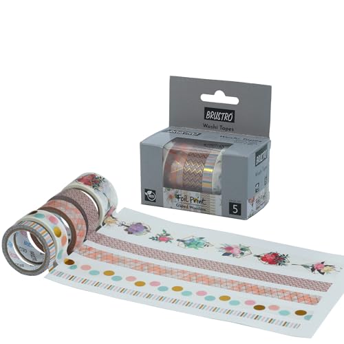 BRUSTRO Washi Masking Tapes Foil Prints Glided at All Places Wonders Shade, Set of 5 (25 mm x 5m - 1 Tape, 15 mm x 5m - 3 Tapes, 7mm x 5m - 1 Tape) - Image 1