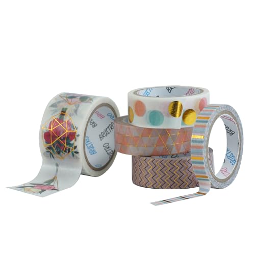 BRUSTRO Washi Masking Tapes Foil Prints Glided at All Places Wonders Shade, Set of 5 (25 mm x 5m - 1 Tape, 15 mm x 5m - 3 Tapes, 7mm x 5m - 1 Tape) - Image 4