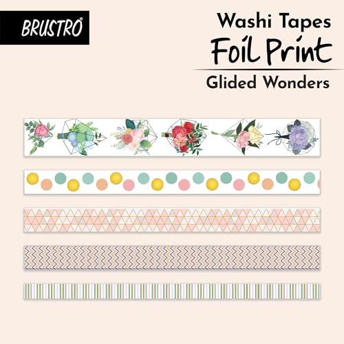 BRUSTRO Washi Masking Tapes Foil Prints Glided at All Places Wonders Shade, Set of 5 (25 mm x 5m - 1 Tape, 15 mm x 5m - 3 Tapes, 7mm x 5m - 1 Tape) - Image 3