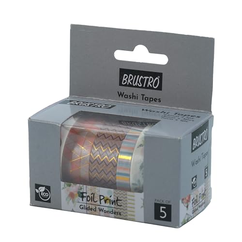 BRUSTRO Washi Masking Tapes Foil Prints Glided at All Places Wonders Shade, Set of 5 (25 mm x 5m - 1 Tape, 15 mm x 5m - 3 Tapes, 7mm x 5m - 1 Tape) - Image 2