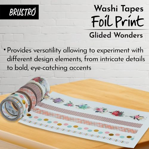 BRUSTRO Washi Masking Tapes Foil Prints Glided at All Places Wonders Shade, Set of 5 (25 mm x 5m - 1 Tape, 15 mm x 5m - 3 Tapes, 7mm x 5m - 1 Tape) - Image 5