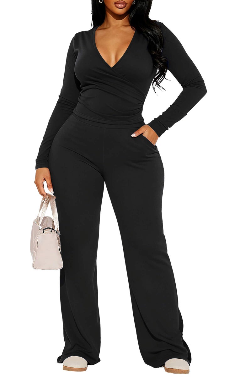 CLOCOR Womens Sets 2 Piece Outfits, V Neck Long Sleeve Top and Wide Leg Pants Matching Sets with Pockets Casual Tracksuit - Image 1