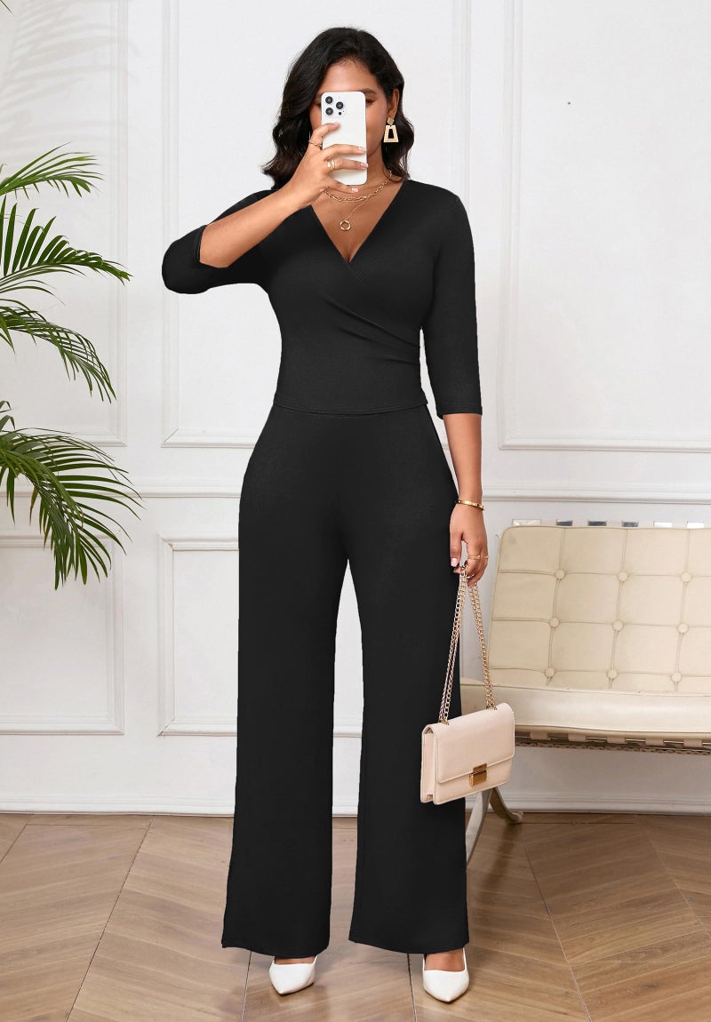 CLOCOR Womens Sets 2 Piece Outfits, V Neck Long Sleeve Top and Wide Leg Pants Matching Sets with Pockets Casual Tracksuit - Image 5
