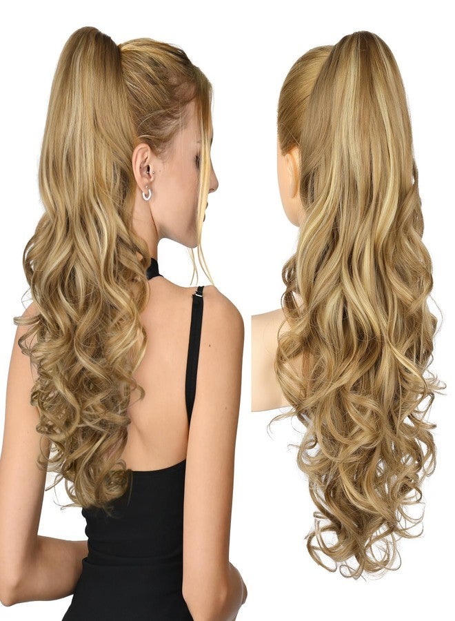 REECHO Ponytail Extension, 26 Inch Drawstring Ponytail Extension Long Curly Wavy Pony Tails Hair Extensions Synthetic Clip in Ponytail Hairpiece for Women, Medium Blonde with Blonde Highlights - Image 1