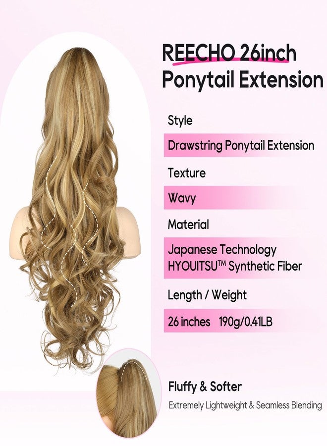 REECHO Ponytail Extension, 26 Inch Drawstring Ponytail Extension Long Curly Wavy Pony Tails Hair Extensions Synthetic Clip in Ponytail Hairpiece for Women, Medium Blonde with Blonde Highlights - Image 2