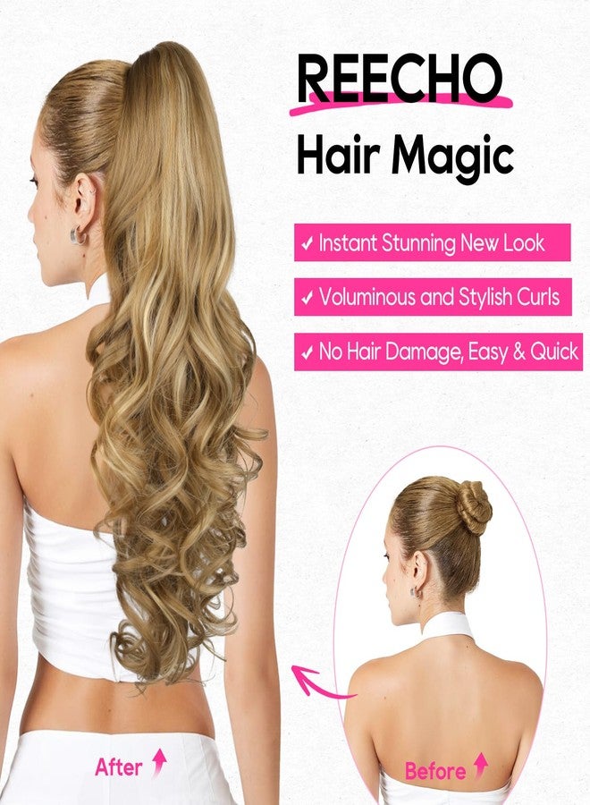 REECHO Ponytail Extension, 26 Inch Drawstring Ponytail Extension Long Curly Wavy Pony Tails Hair Extensions Synthetic Clip in Ponytail Hairpiece for Women, Medium Blonde with Blonde Highlights - Image 4