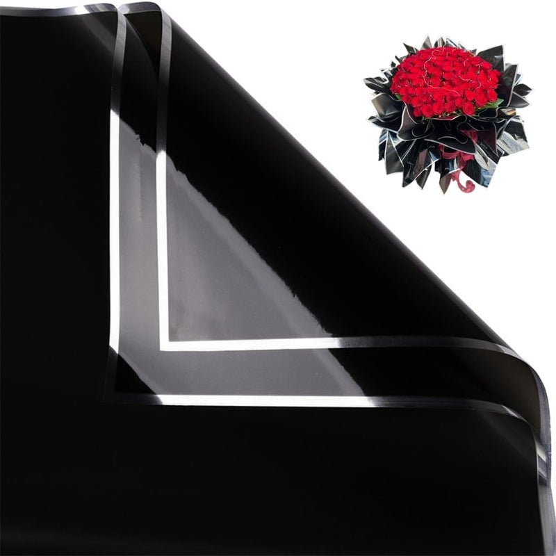 BBJ WRAPS ورق تغليف الزهور بخط فضي، ورق تغليف باقات كوري مقاوم للماء، ورق زهور، مستلزمات بائع الزهور، 20 ورقة، 22.8x22.8 بوصة (أسود) - Image 1