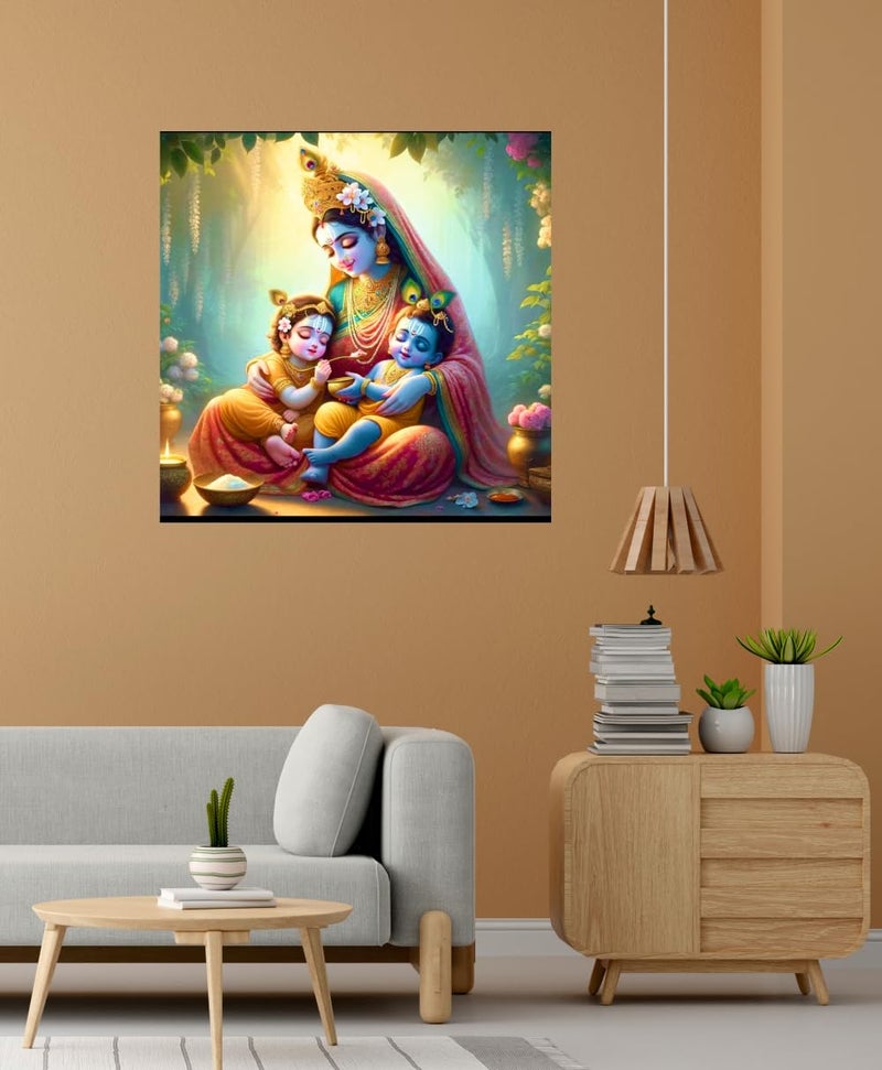 Decals Creation Vinyl Bal Krishna And Radha With Yashoda Maa Wall Poster For Living Room Kids Pooja Room Size 46Cm X46CmselfAdhesive Smooth Surface 46 Cms