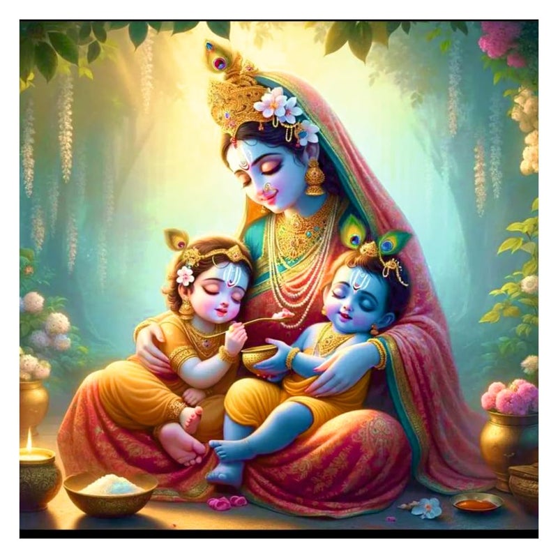Decals Creation Vinyl Bal Krishna And Radha With Yashoda Maa Wall Poster For Living Room Kids Pooja Room Size 46Cm X46CmselfAdhesive Smooth Surface 46 Cms
