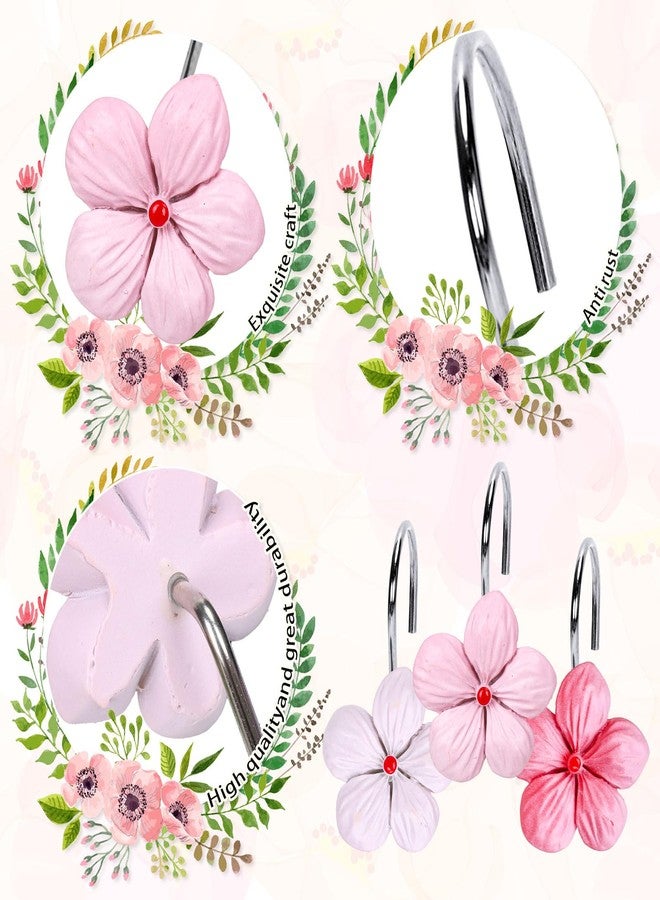 Whaline 12 Pcs Pink Flower Shower Curtain Hooks Spring Floral Decorative Shower Rod Rings Cherry Blossoms Resin Curtain Hanger Hooks for Living Room Bedroom Bathroom Decor - Image 3