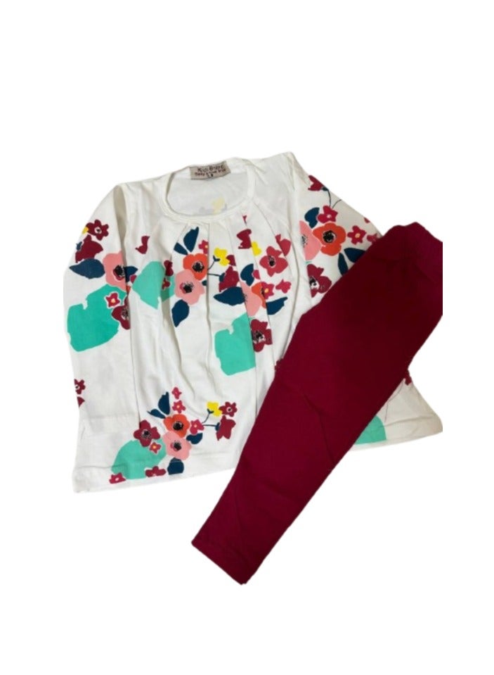 Girls' set: beige T-shirt with a floral print and burgundy pants - Image 2