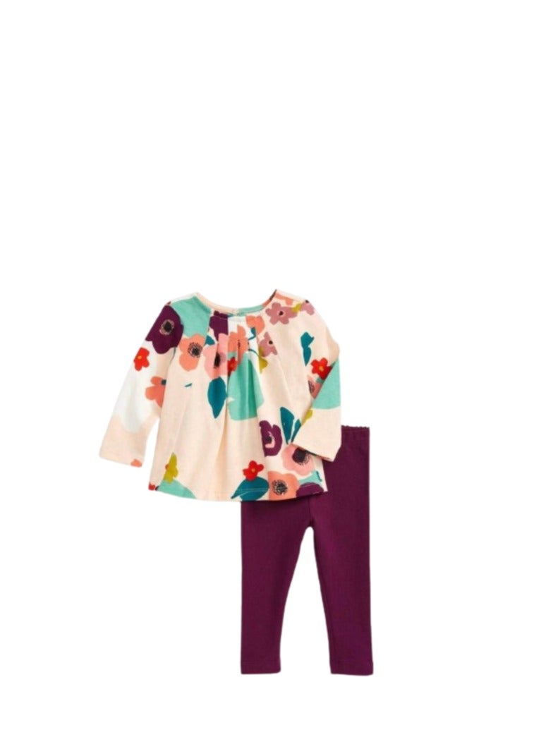 Girls' set: beige T-shirt with a floral print and burgundy pants - Image 1