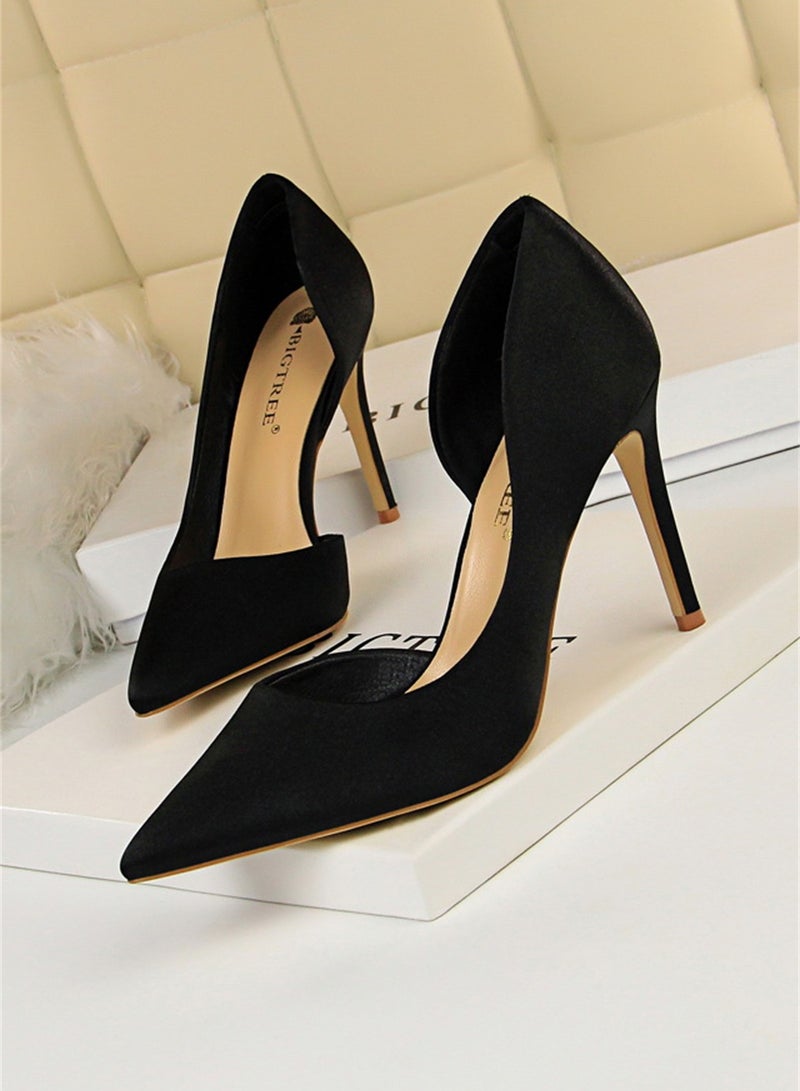 BIGTREE 9.5cm Stiletto Satin High Heels For Women With Shallow Mouth And Pointed Side Hollowing Out Black - Image 1
