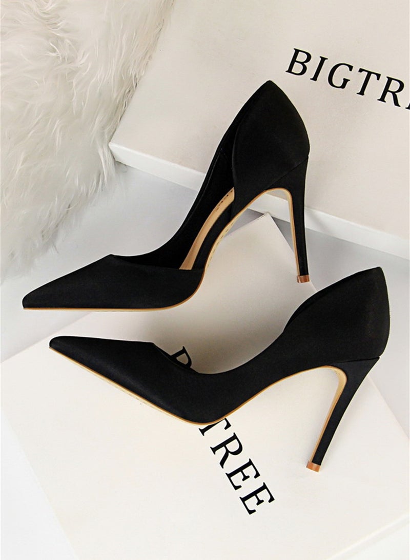 BIGTREE 9.5cm Stiletto Satin High Heels For Women With Shallow Mouth And Pointed Side Hollowing Out Black - Image 2