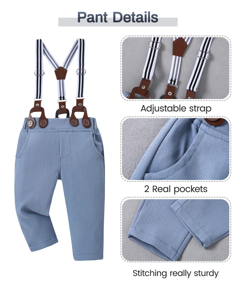 SANMIO Baby Boy Clothes Suit 3-6 Months Boys Baptism Easter Outfits Baby Shirt+Bow Tie+Pants+Suspenders 4Pcs Christmas Wedding Clothing Set (New Sky Blue, 3-6 Months) - Image 4