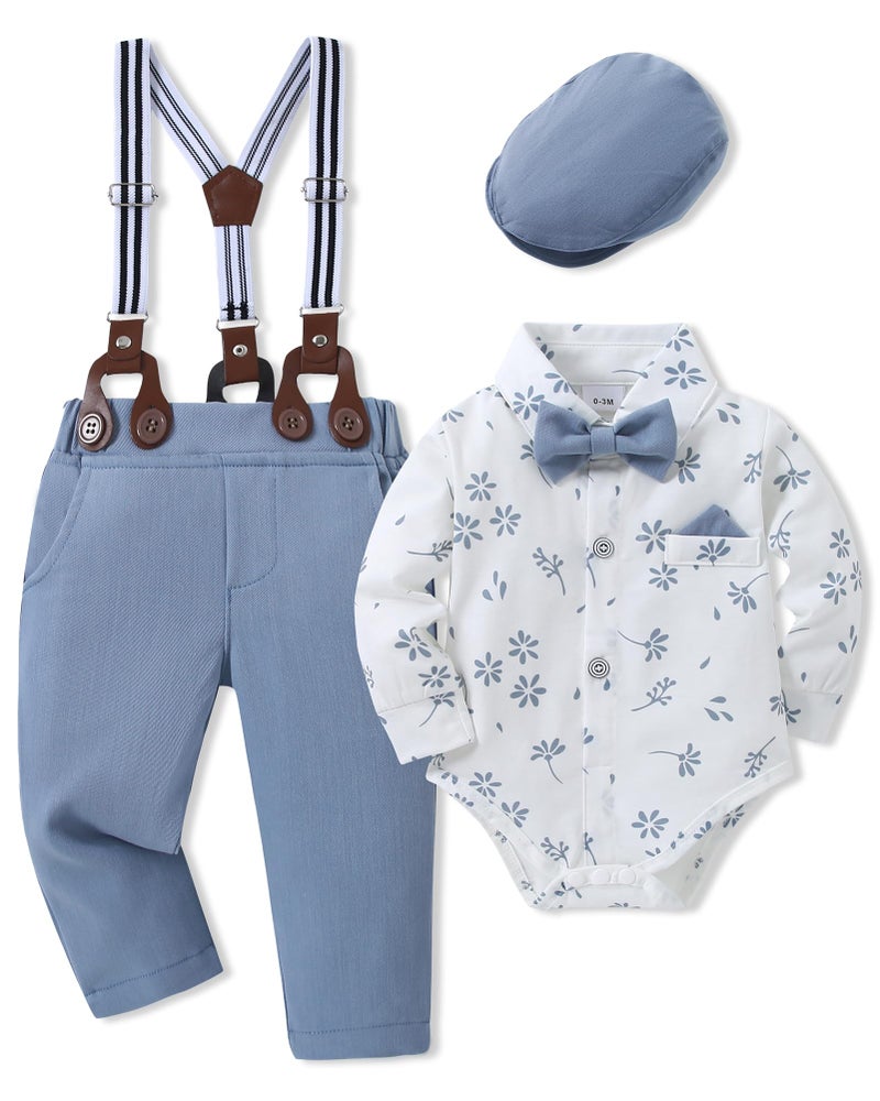 SANMIO Baby Boy Clothes Suit 3-6 Months Boys Baptism Easter Outfits Baby Shirt+Bow Tie+Pants+Suspenders 4Pcs Christmas Wedding Clothing Set (New Sky Blue, 3-6 Months) - Image 1