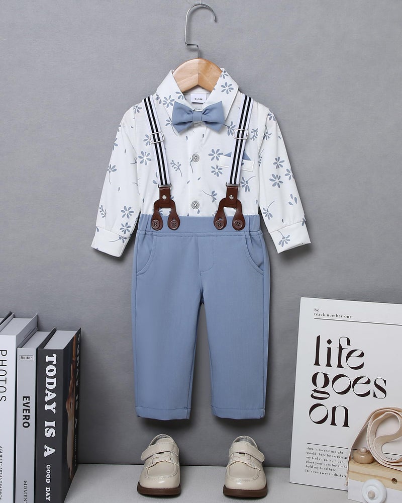 SANMIO Baby Boy Clothes Suit 3-6 Months Boys Baptism Easter Outfits Baby Shirt+Bow Tie+Pants+Suspenders 4Pcs Christmas Wedding Clothing Set (New Sky Blue, 3-6 Months) - Image 5