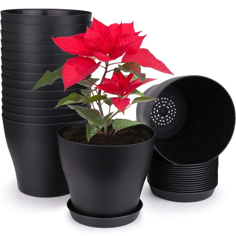 homenote Plant Pots Set of 15 Plastic Planters with Multiple Drainage Holes and Tray 6 inch Indoor Plant Pot for All Home Garden Flowers Succulents Black