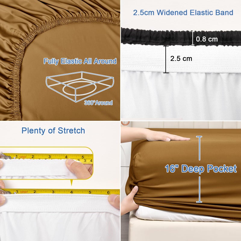 PHF PHF 100% Rayon Derived from Bamboo Cooling Fitted Sheet Twin Size for Hot Sleeper 16"" Deep Pocket 2.5cm Wider Strong Elastic Easy Fit Breathable Silky Smooth Soft 39""x 75"" Camel No Pillowcases  - Image 5