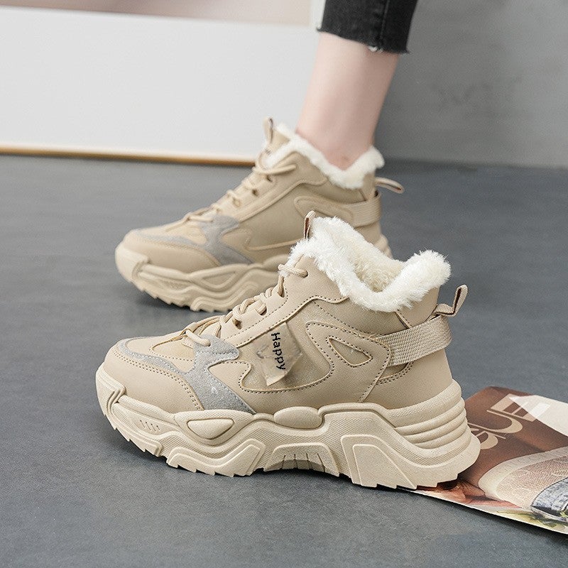 Generic 2024 High-Top Sneakers Women Autumn Winter Cotton Sport Casual Shoes milk tea 