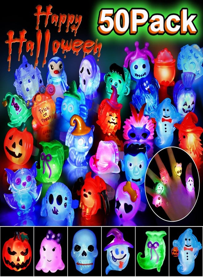 NPET 50Pcs Halloween LED Light Up Rings, Non Candy Halloween Trick or Treats 3D Rings Toy For Kids Adults Flashing Glow Party Favor Ring Toy Gifts For Kids Goodie Bag Stuffers - Image 1