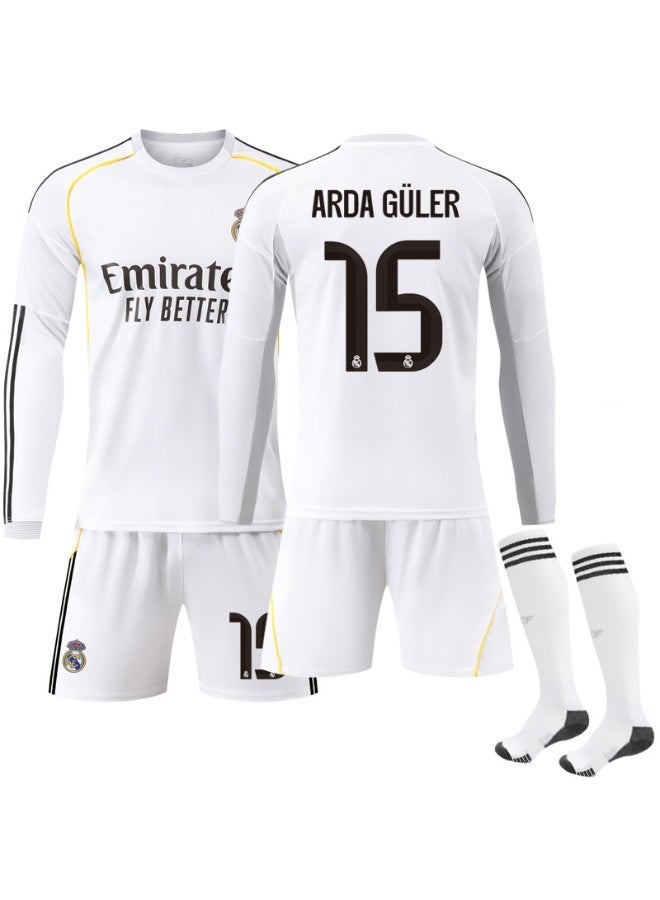 ريال مدريد 2025-2026 ريال مدريد المنزل لكرة القدم موحدة #15 أردا جولر بأكمام طويلة لكرة القدم جيرسي السراويل الجوارب مجموعة حجم الأطفال والكبار حجم الهدايا للجماهير والأصدقاء - Image 1