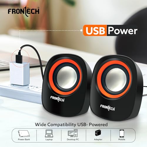 FRONTECH Premium 2.0 Channel USB Powered Speakers - 4W x 2 Output, AUX Input, Foam Edge, 1-Year Warranty (SPK-0003-Orange) - Image 3