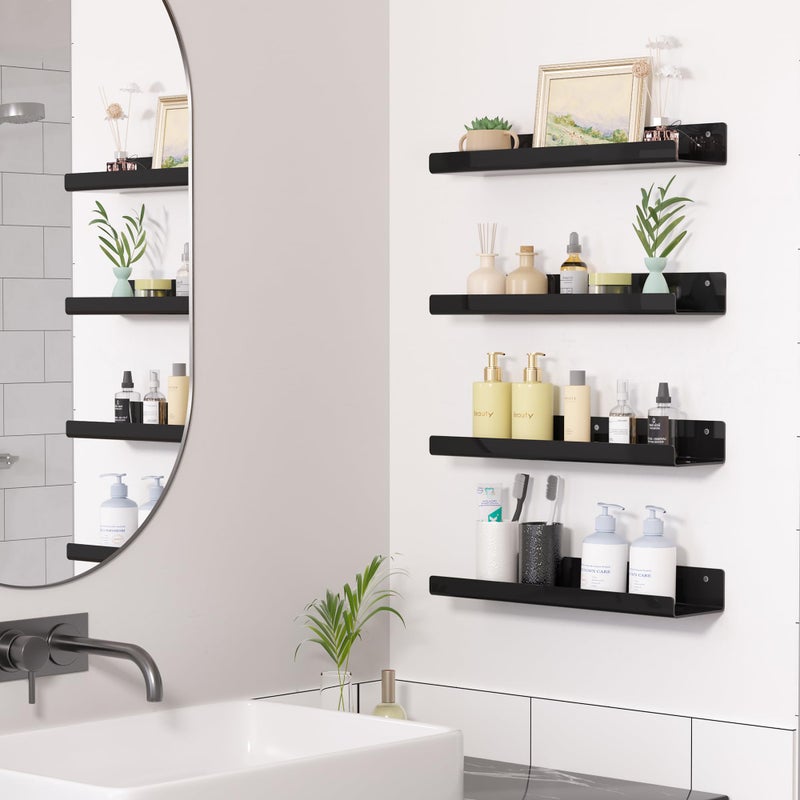 upsimples Acrylic Shelves for Wall Decor, 15" Display Shelf Perfume Organizer for Bathroom, Bedroom, Living Room, Floating Bookshelves for Kids, Black, 4 Pack - Image 3