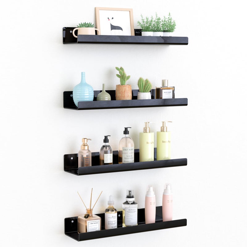 upsimples Acrylic Shelves for Wall Decor, 15" Display Shelf Perfume Organizer for Bathroom, Bedroom, Living Room, Floating Bookshelves for Kids, Black, 4 Pack - Image 1