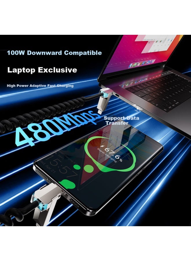 Double Magic Beemo Car Spring Data Cable Stretch 240W Fast Charging Cable Four-In-One Car Projection Screen Suitable For Apple/Huawei/Xiaomi/Honor/Samsung/Vivo/Oppo 2M Black - Image 2