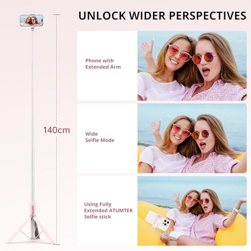 ATUMTEK 55" Selfie Stick Tripod, All-in-one Extendable Aluminum Phone Tripod with Rechargeable Bluetooth Remote for iPhone and More, Fitting 4.7-7 inch Smartphones, Pink - Image 5