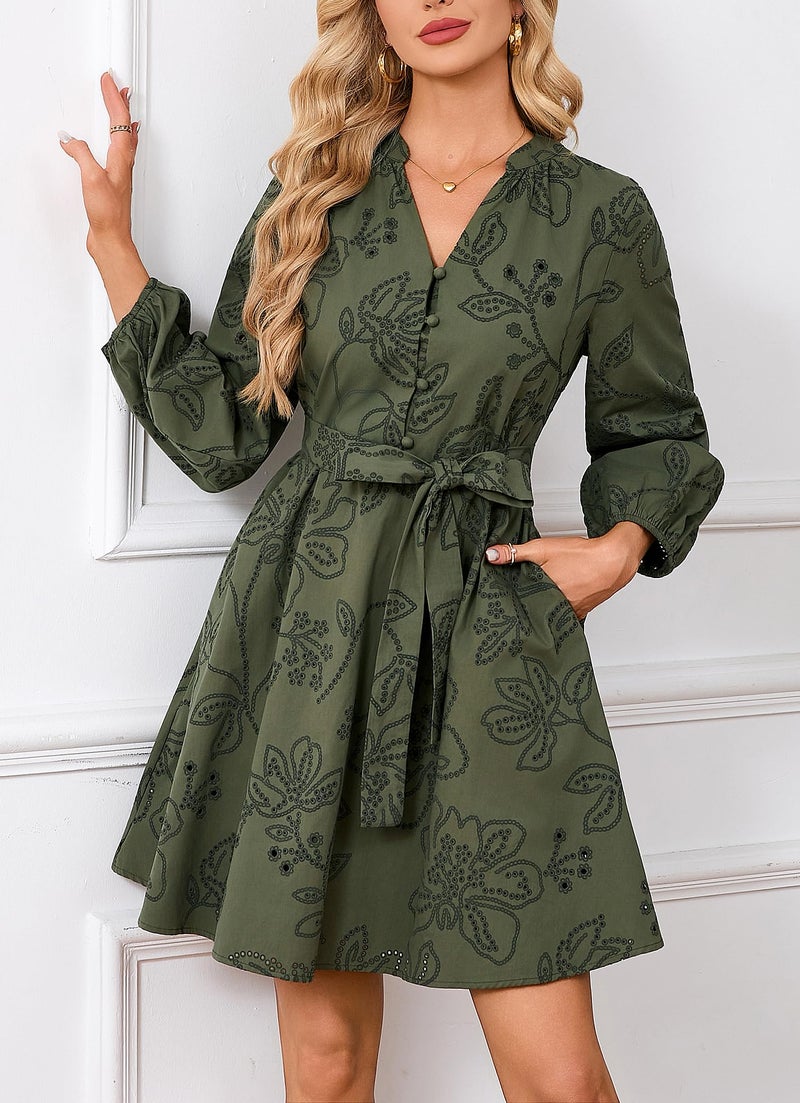 YEXPINE Boho Mini Dress for Women 3/4 Sleeve Eyelet Lace Hollow Out Tunic Dress V Neck A Line Short Dresses with Pockets Green - Image 3