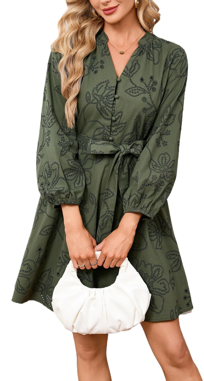 YEXPINE Boho Mini Dress for Women 3/4 Sleeve Eyelet Lace Hollow Out Tunic Dress V Neck A Line Short Dresses with Pockets Green - Image 4