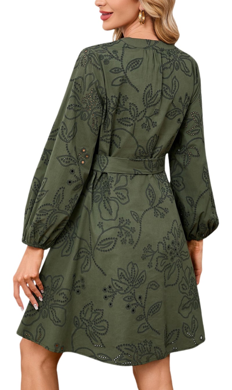 YEXPINE Boho Mini Dress for Women 3/4 Sleeve Eyelet Lace Hollow Out Tunic Dress V Neck A Line Short Dresses with Pockets Green - Image 2