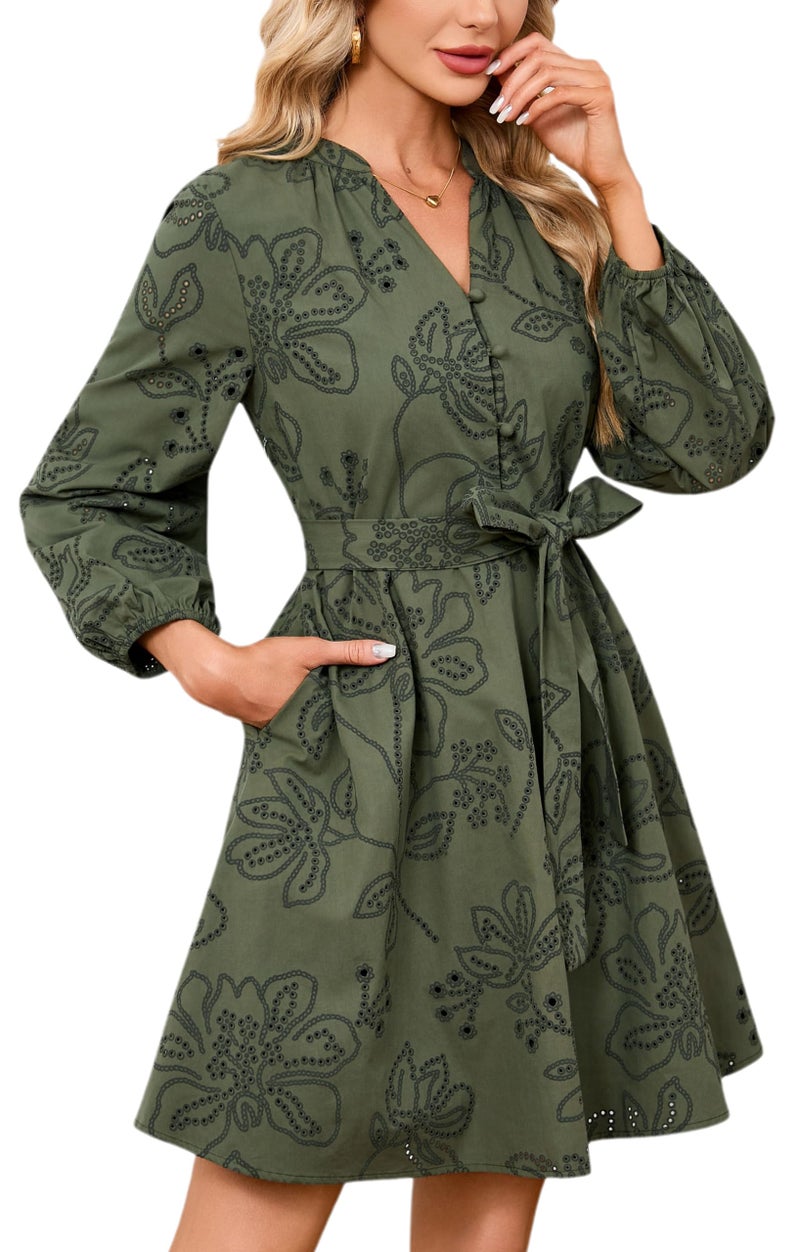 YEXPINE Boho Mini Dress for Women 3/4 Sleeve Eyelet Lace Hollow Out Tunic Dress V Neck A Line Short Dresses with Pockets Green - Image 5