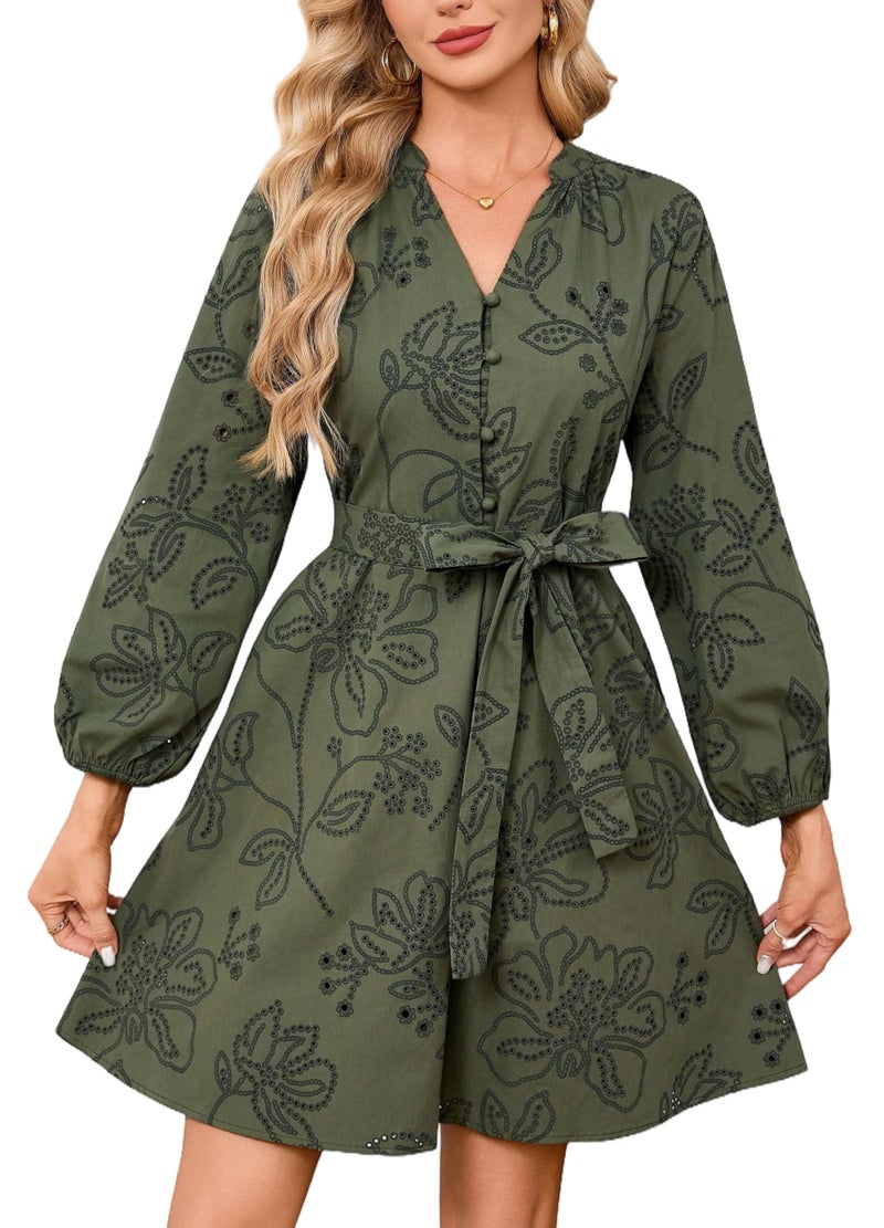 YEXPINE Boho Mini Dress for Women 3/4 Sleeve Eyelet Lace Hollow Out Tunic Dress V Neck A Line Short Dresses with Pockets Green - Image 1