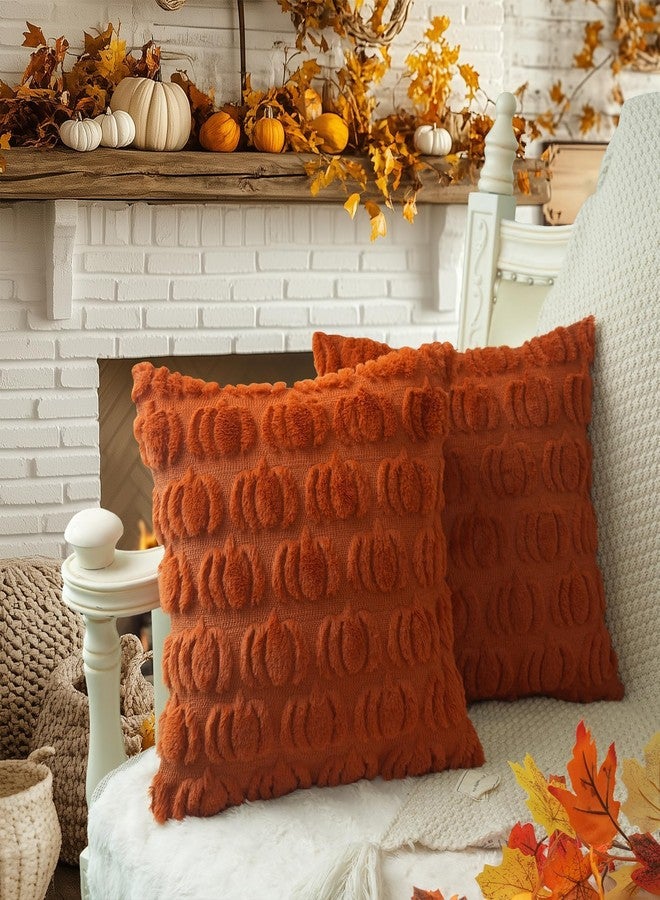 GEEORY Fall Pillow Covers 18 x 18 Inch Set of 2, Fall Decorations Pumpkins Soft Plush Fluffy Faux Fur Wool Decorative Autumn Thanksgiving Farmhouse Cushion Case for Sofa Rust GC001-18 - Image 4