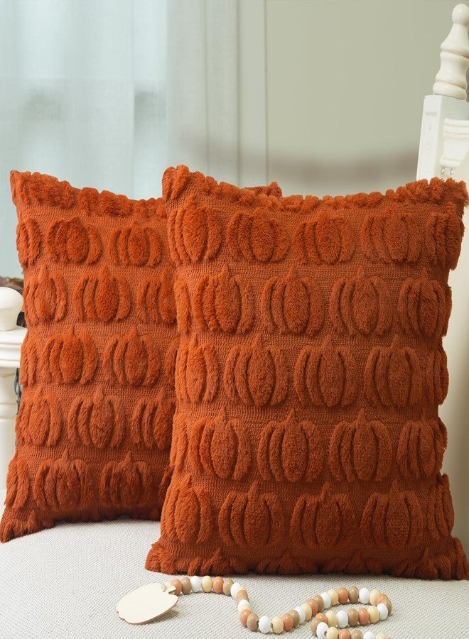 GEEORY Fall Pillow Covers 18 x 18 Inch Set of 2, Fall Decorations Pumpkins Soft Plush Fluffy Faux Fur Wool Decorative Autumn Thanksgiving Farmhouse Cushion Case for Sofa Rust GC001-18 - Image 1